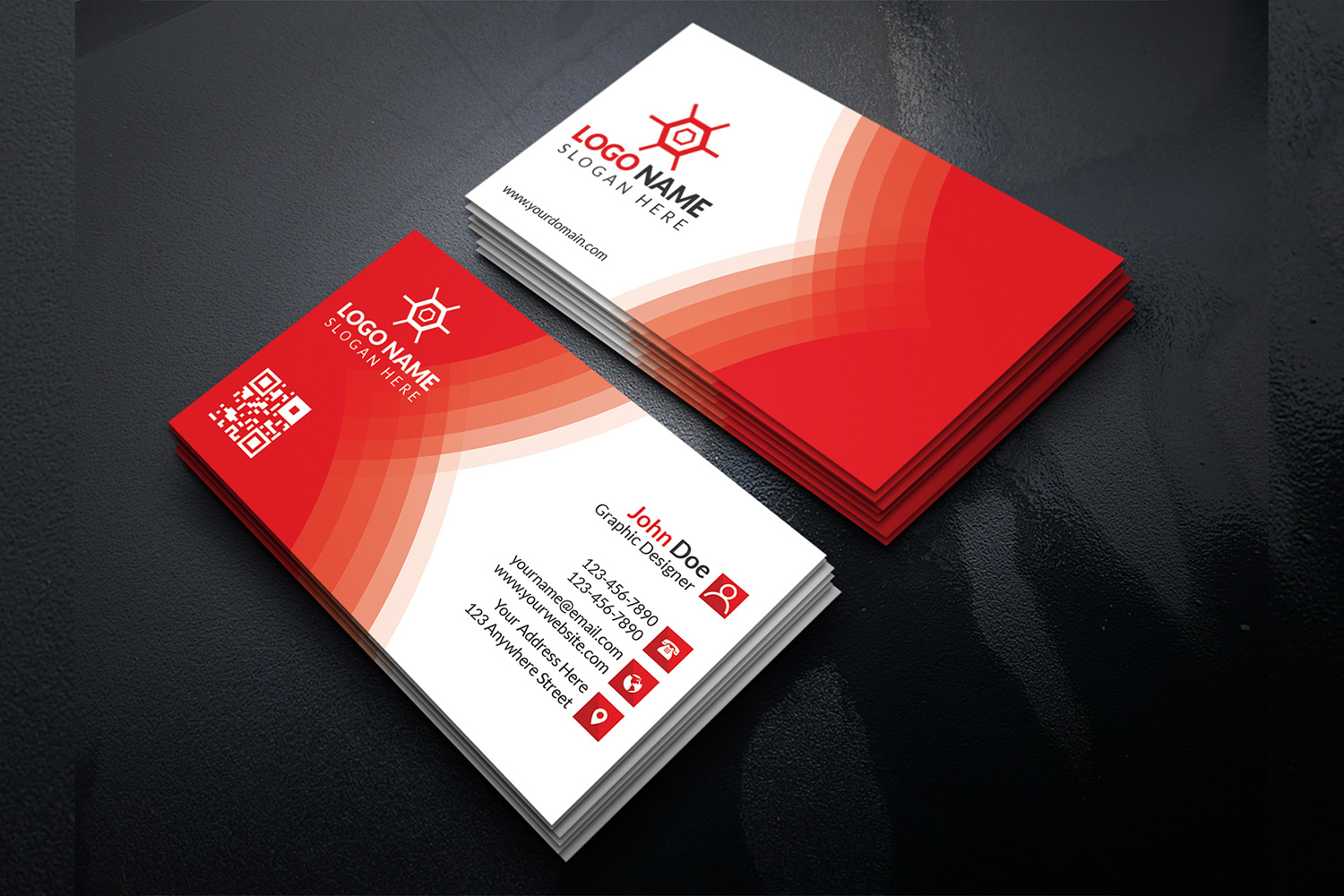Red and white business card.