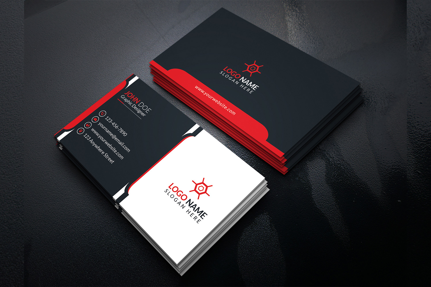 Black and white business cards with red lines.