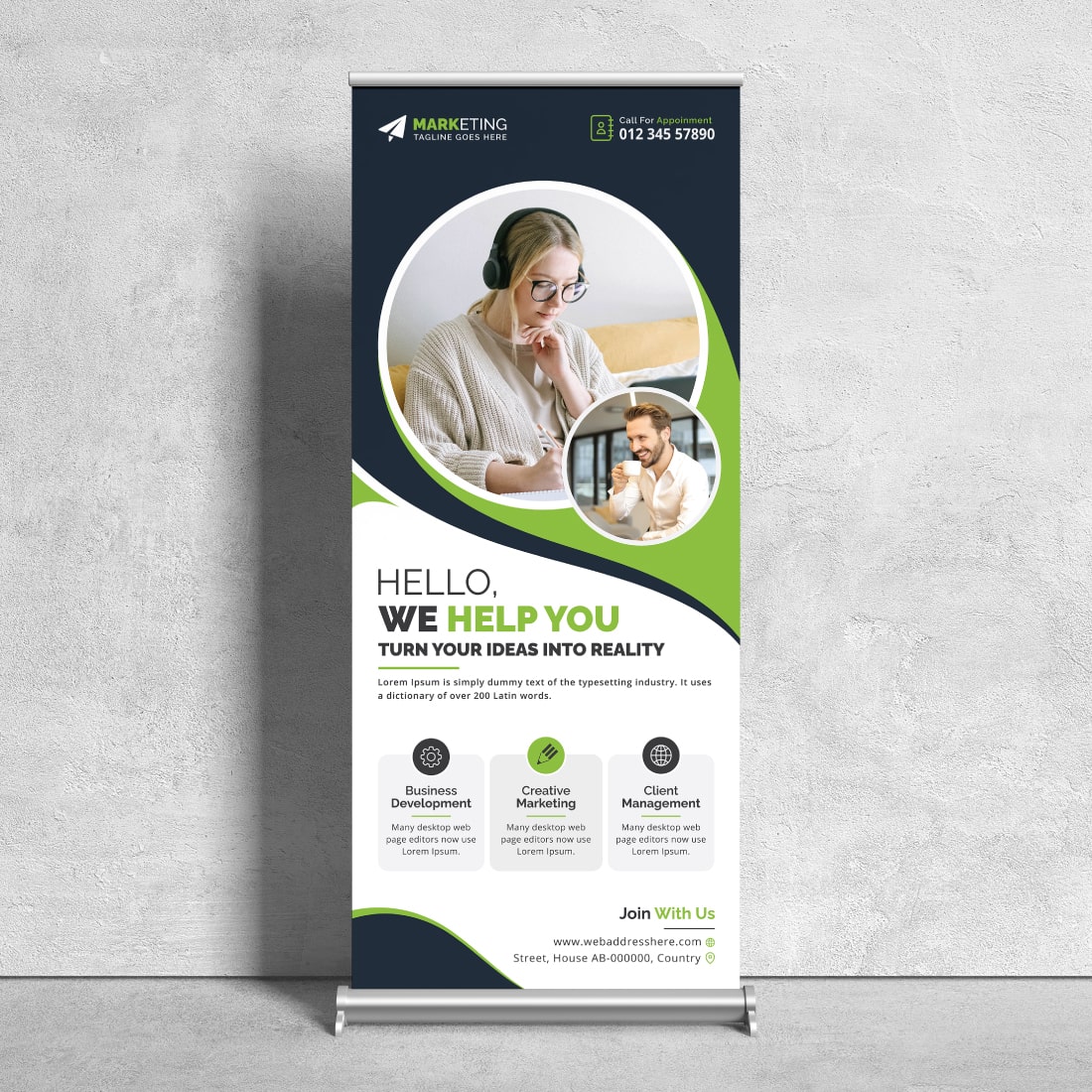 Image of a corporate roll up banner in a beautiful green design