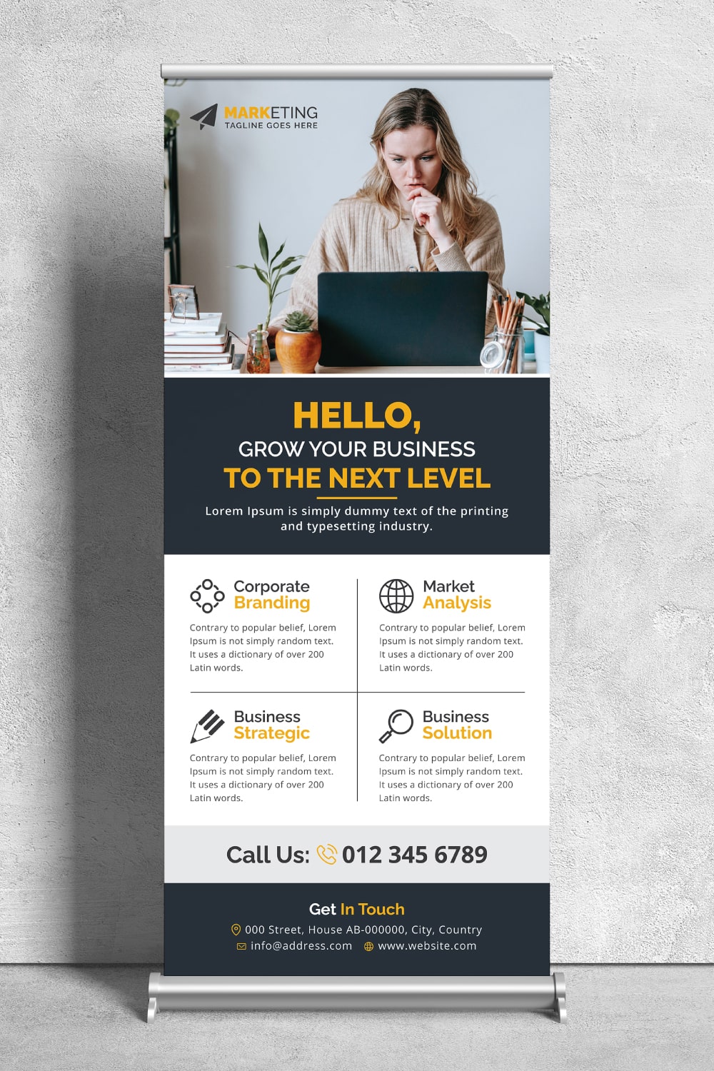 Image of corporate roll up banner in enchanting yellow design