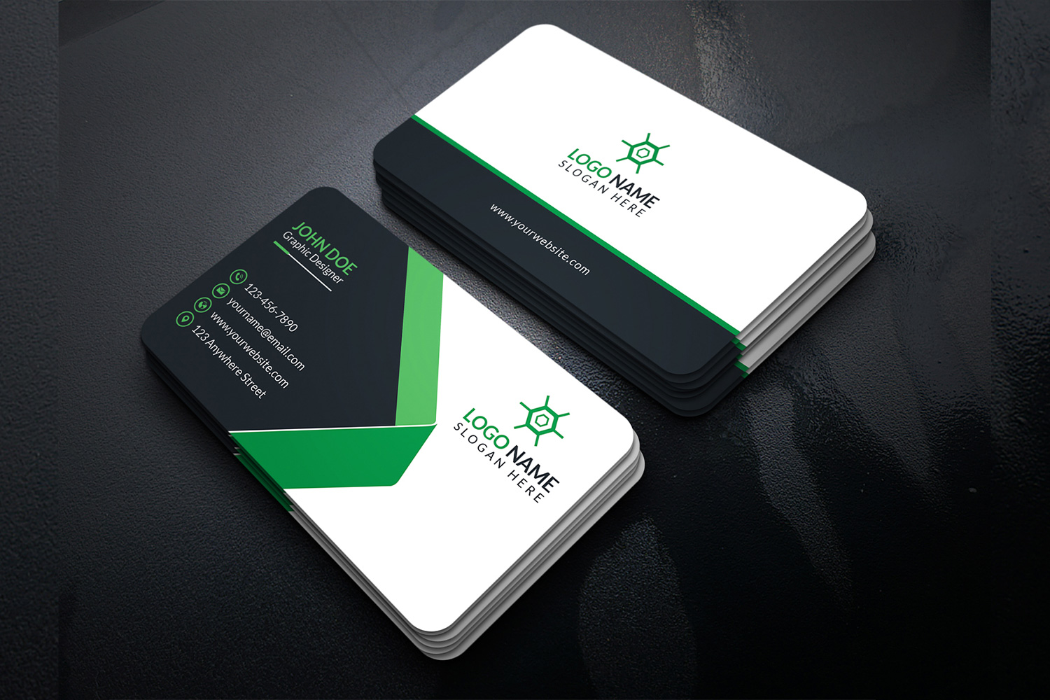 Business Card Green Accent Design Template preview image.