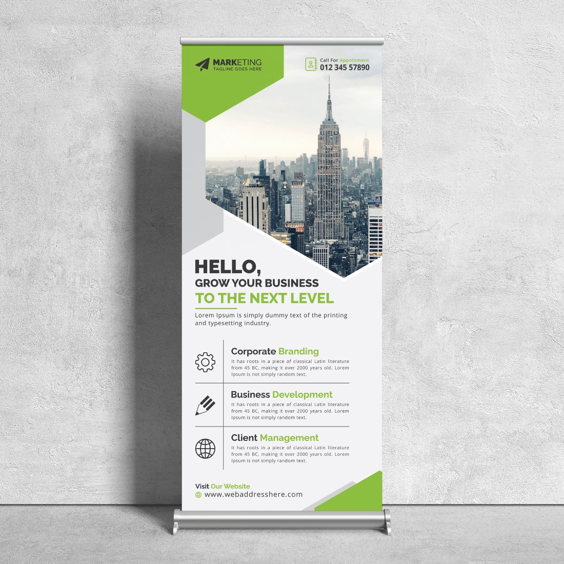 Image of a corporate roll up banner in a beautiful green design