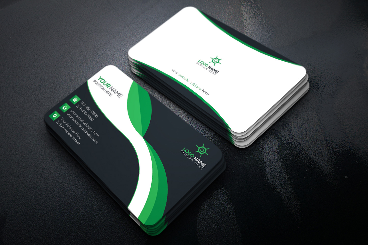 Professional Business Card with Green Design Template preview image.