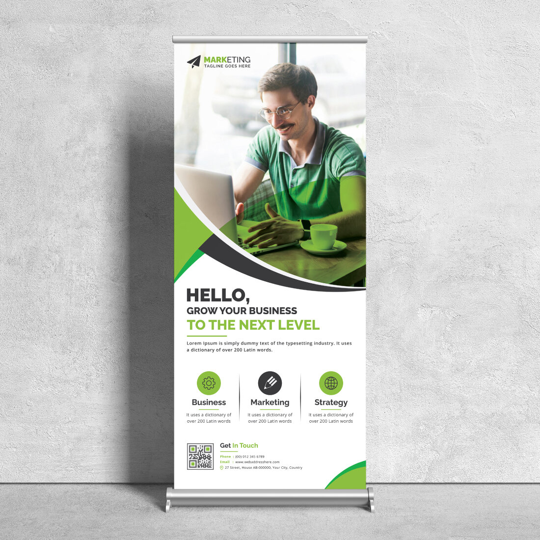 Image of a corporate roll up banner in a beautiful green design