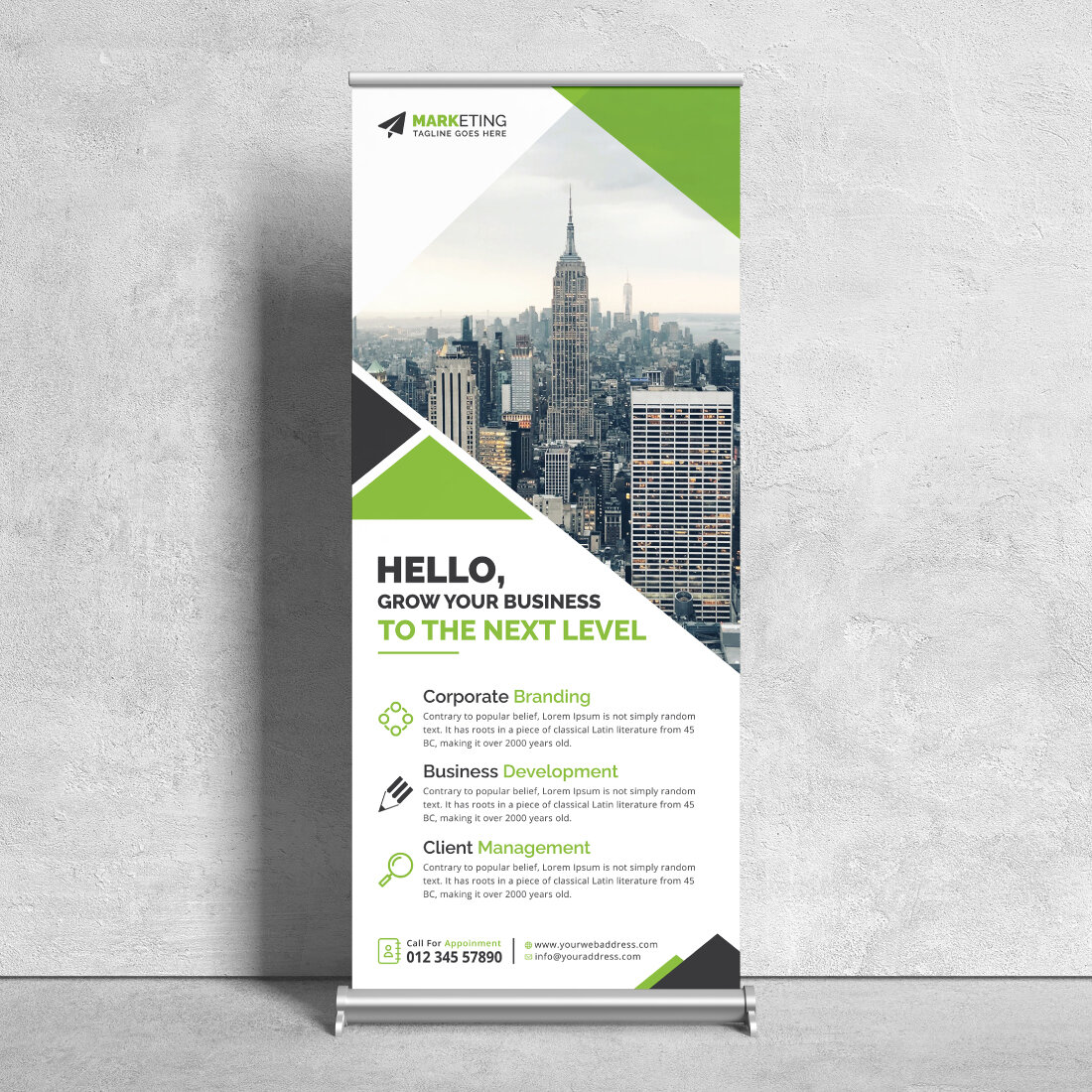 Image of a corporate roll up banner in a beautiful green design