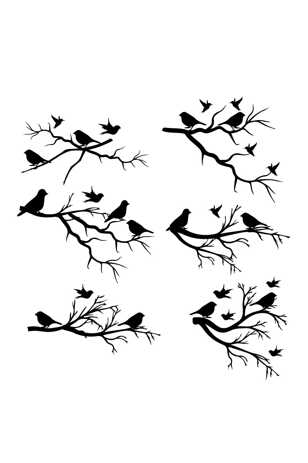 Set of four birds sitting on a tree branch.