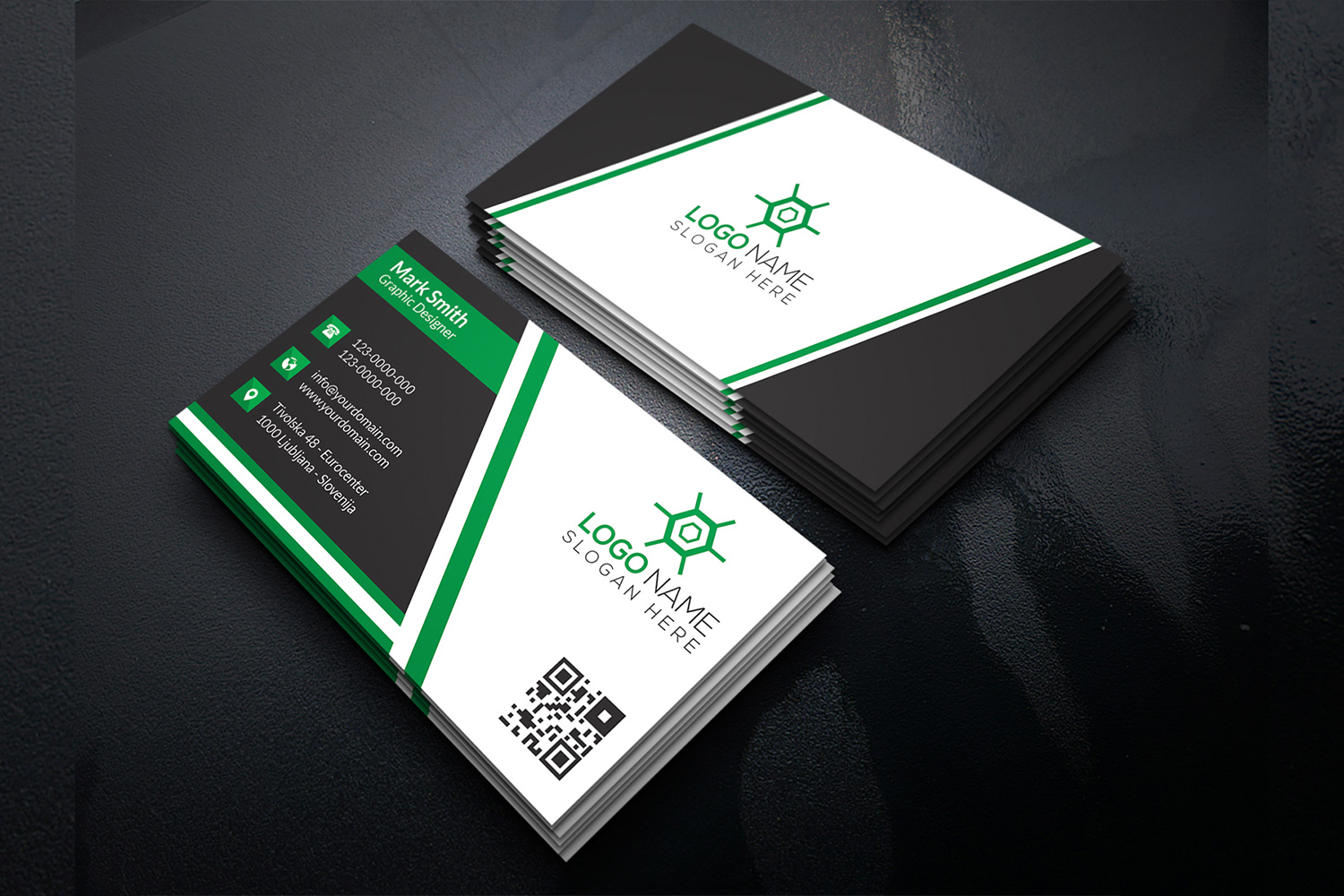 Laconic business cards with green lines.