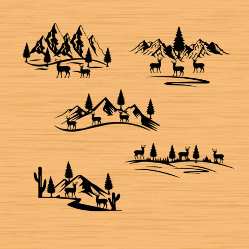 Set of four deer silhouettes on a wood background.