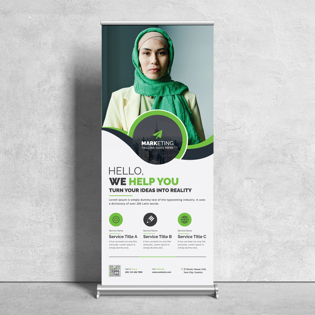 Image of corporate roll up banner in elegant green design