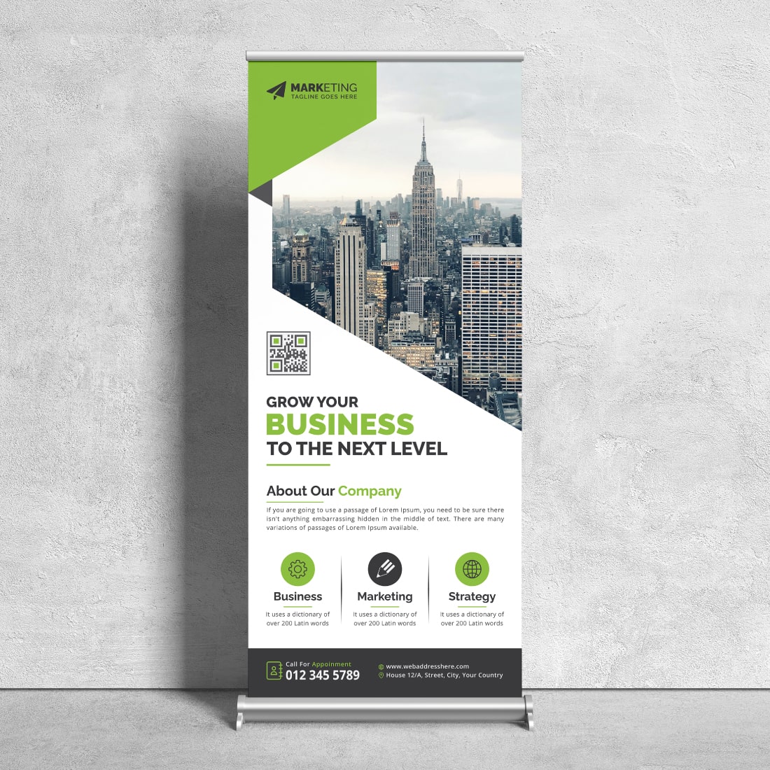 Image of a corporate roll up banner in a beautiful green design