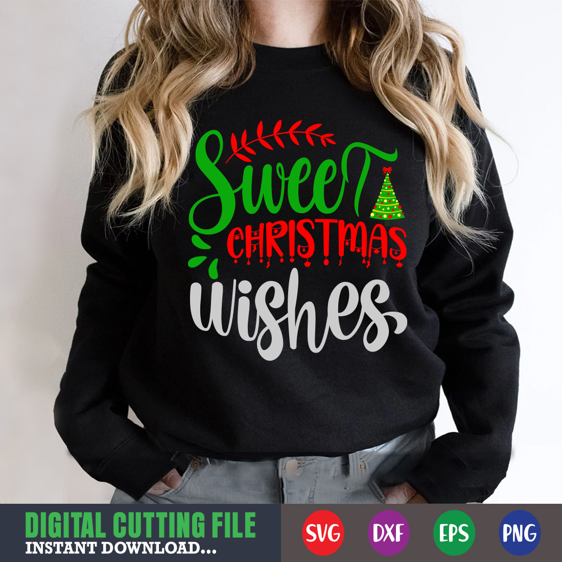 Image of a sweatshirt with a charming inscription Sweet christmas wishes.