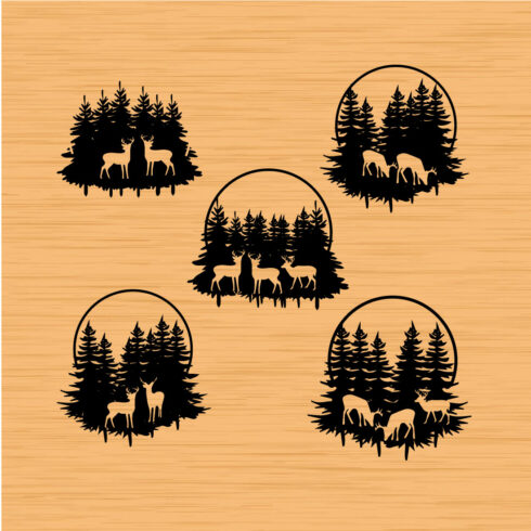 Set of four deer and trees on a wood background.
