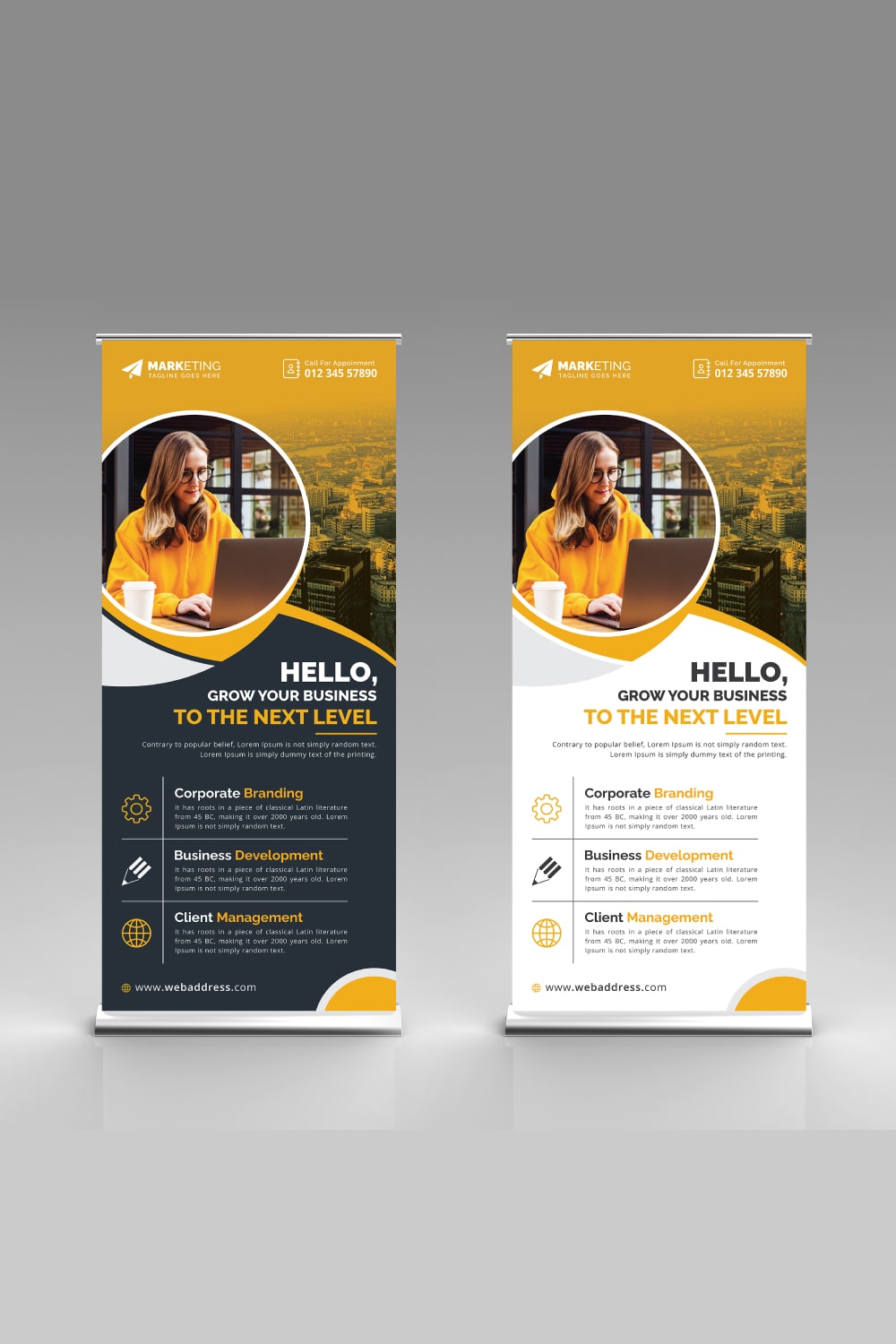 Image of corporate roll up banner in irresistible yellow design