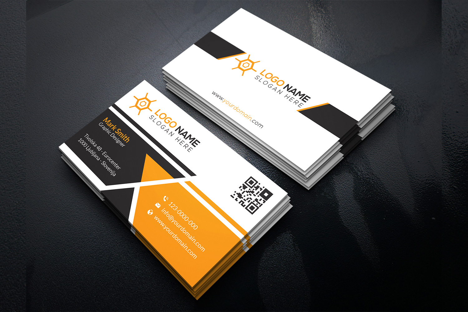 Three colored business cards with yellow blocks.