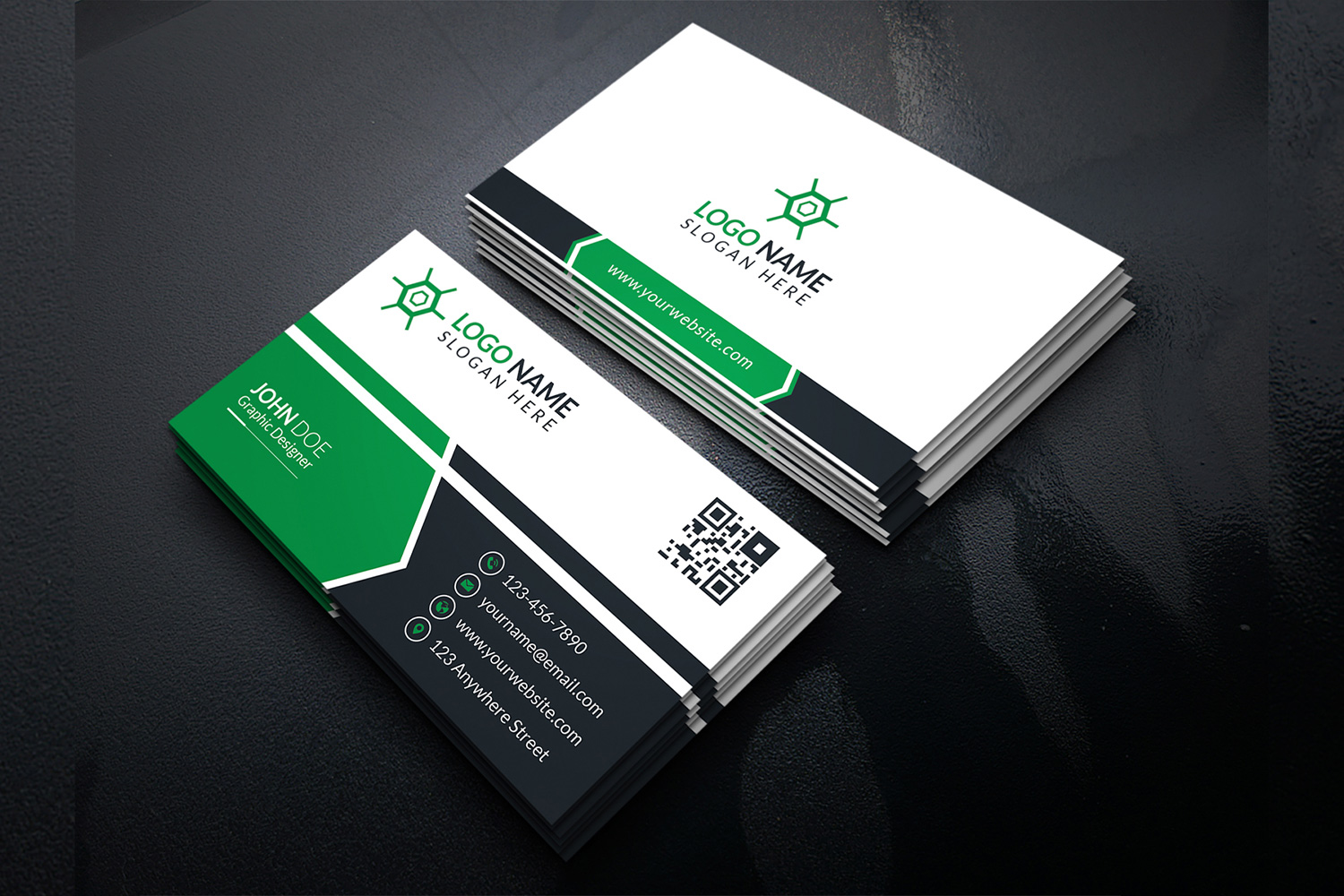 Light business card with green elements.