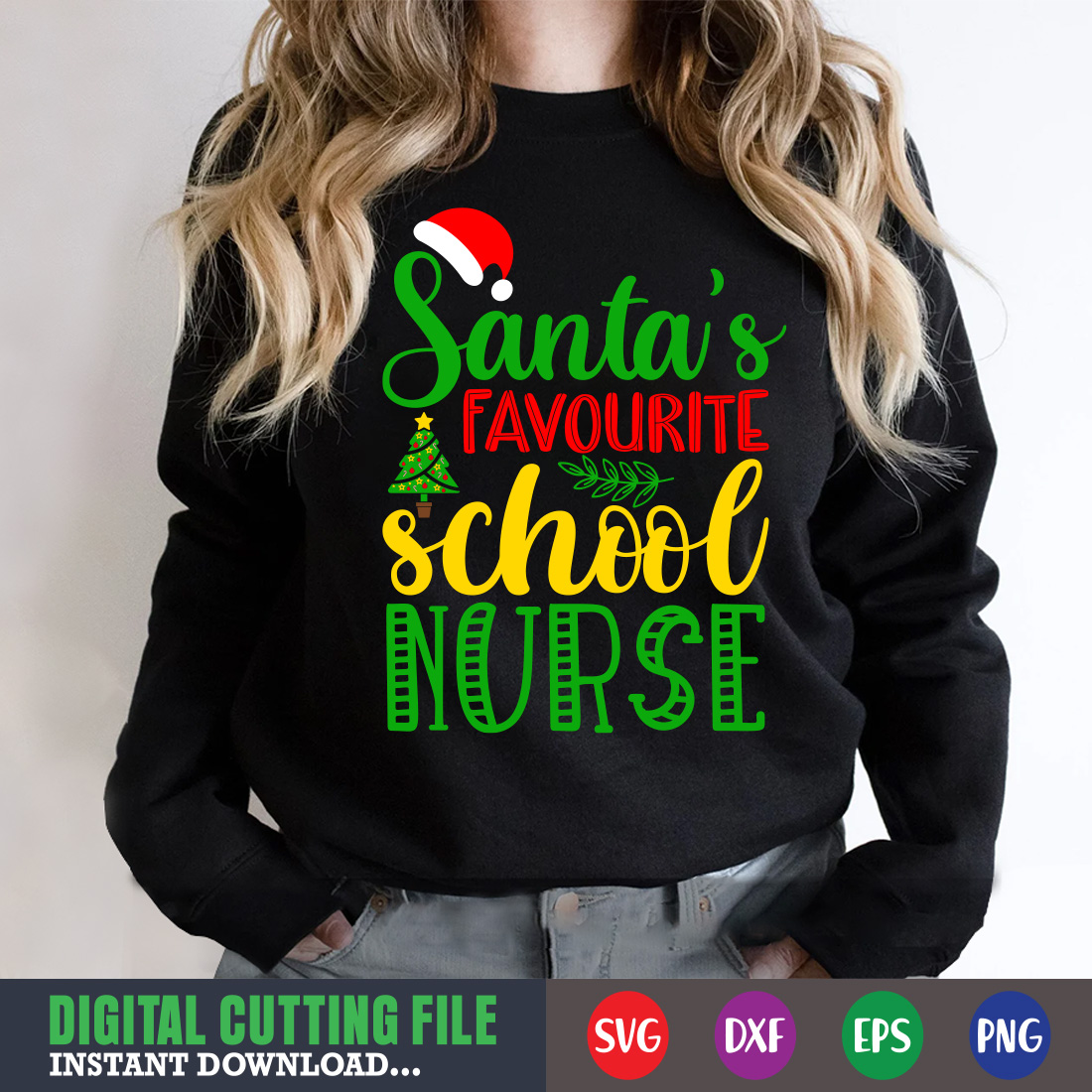 Sweatshirt image with charming inscription Santas Favorite School Nurse.