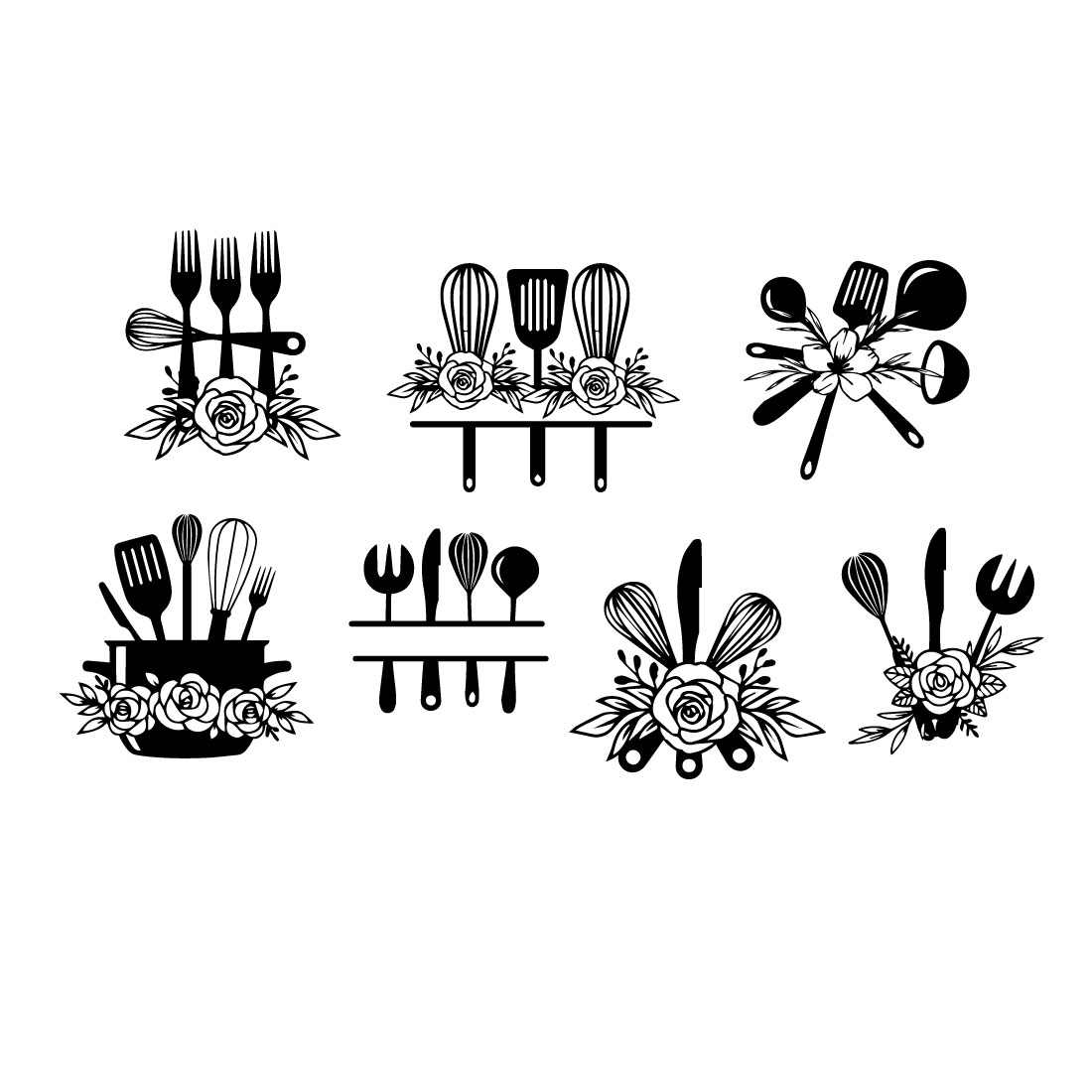 A selection of beautiful black images of kitchen utensils
