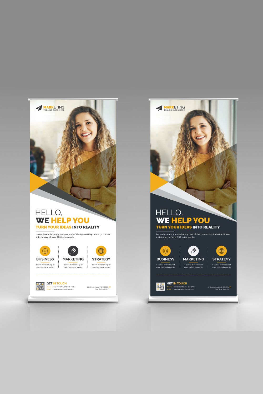 Image of corporate roll up banner in gorgeous yellow design