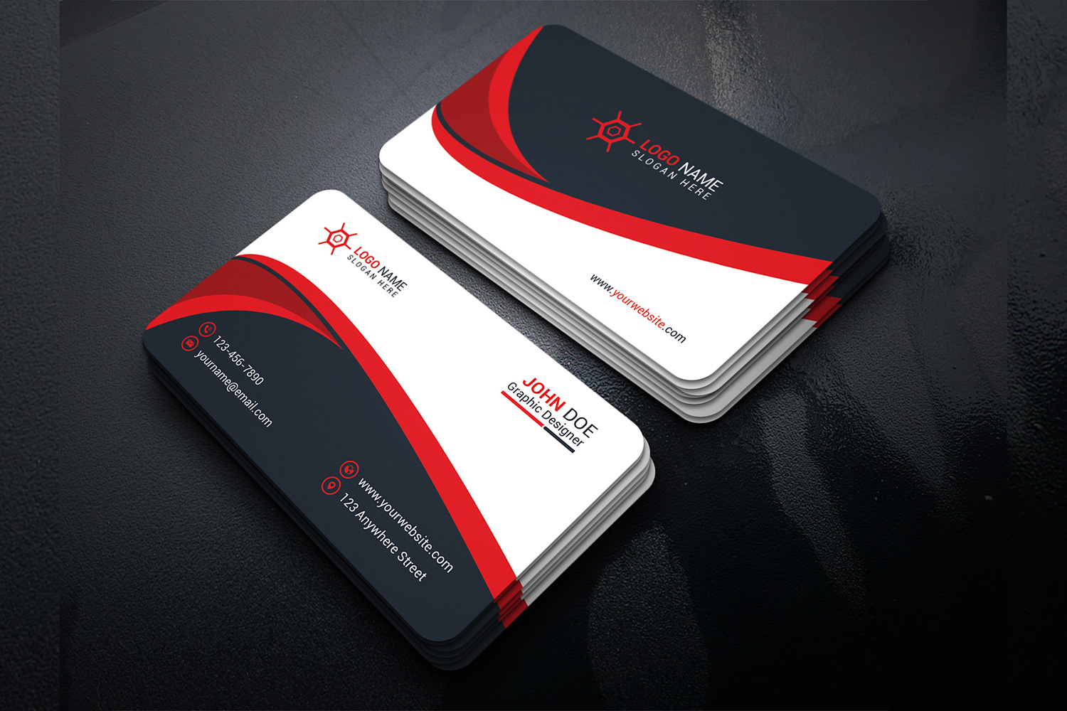 Red Modern Business Card Template Design preview image.