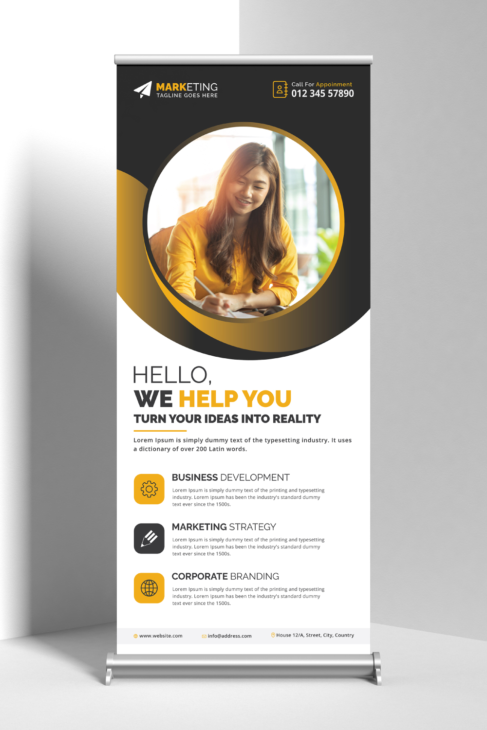 Image of corporate roll up banner in wonderful yellow design