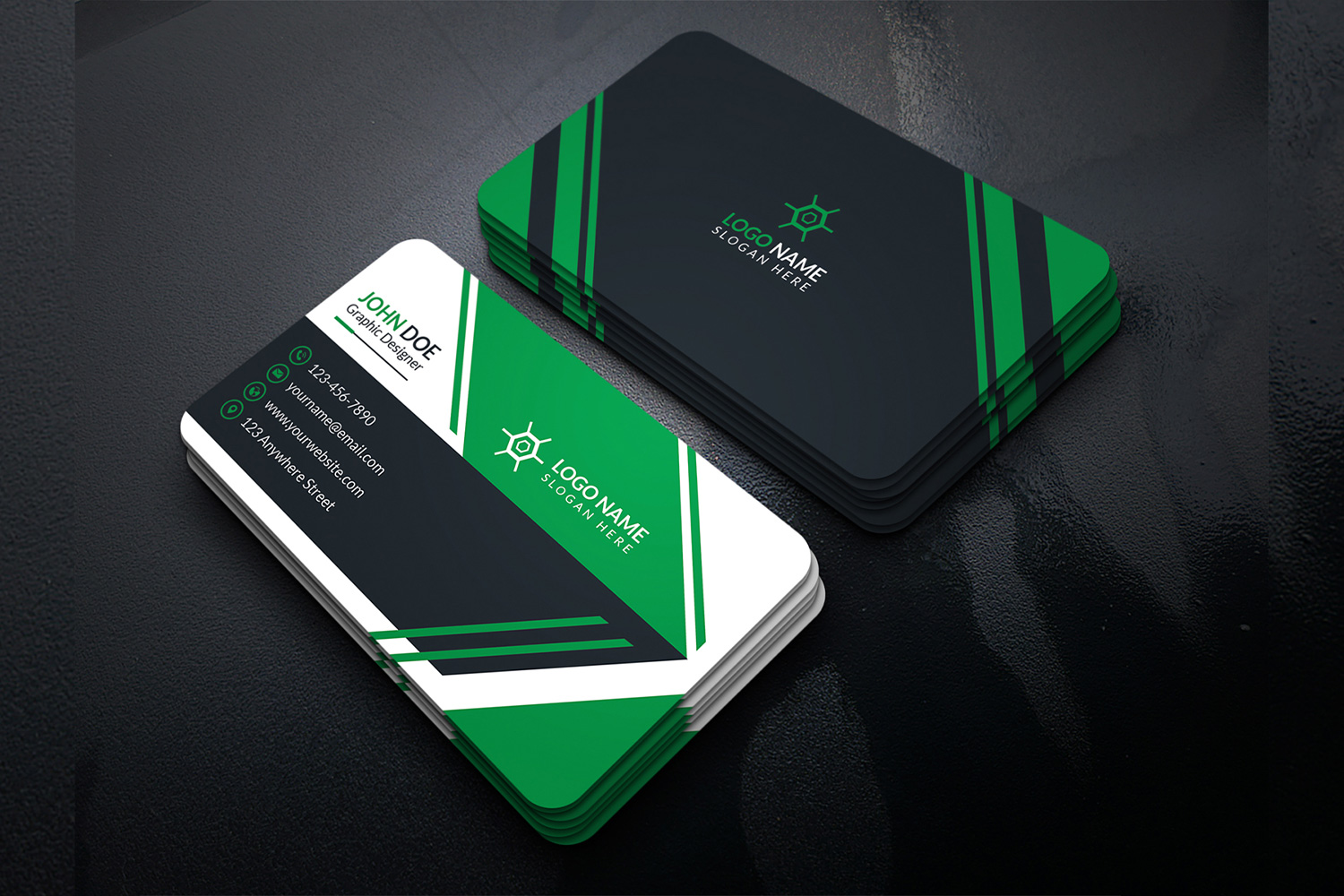 Strong business cards with green and black colors mix.