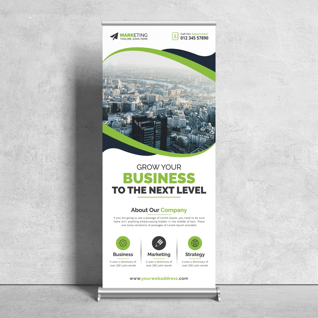 Image of a corporate roll up banner in a beautiful green design