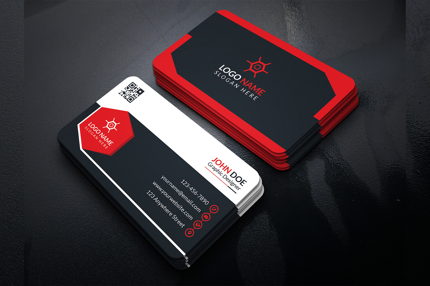 Stylish business cards in red and black colors.