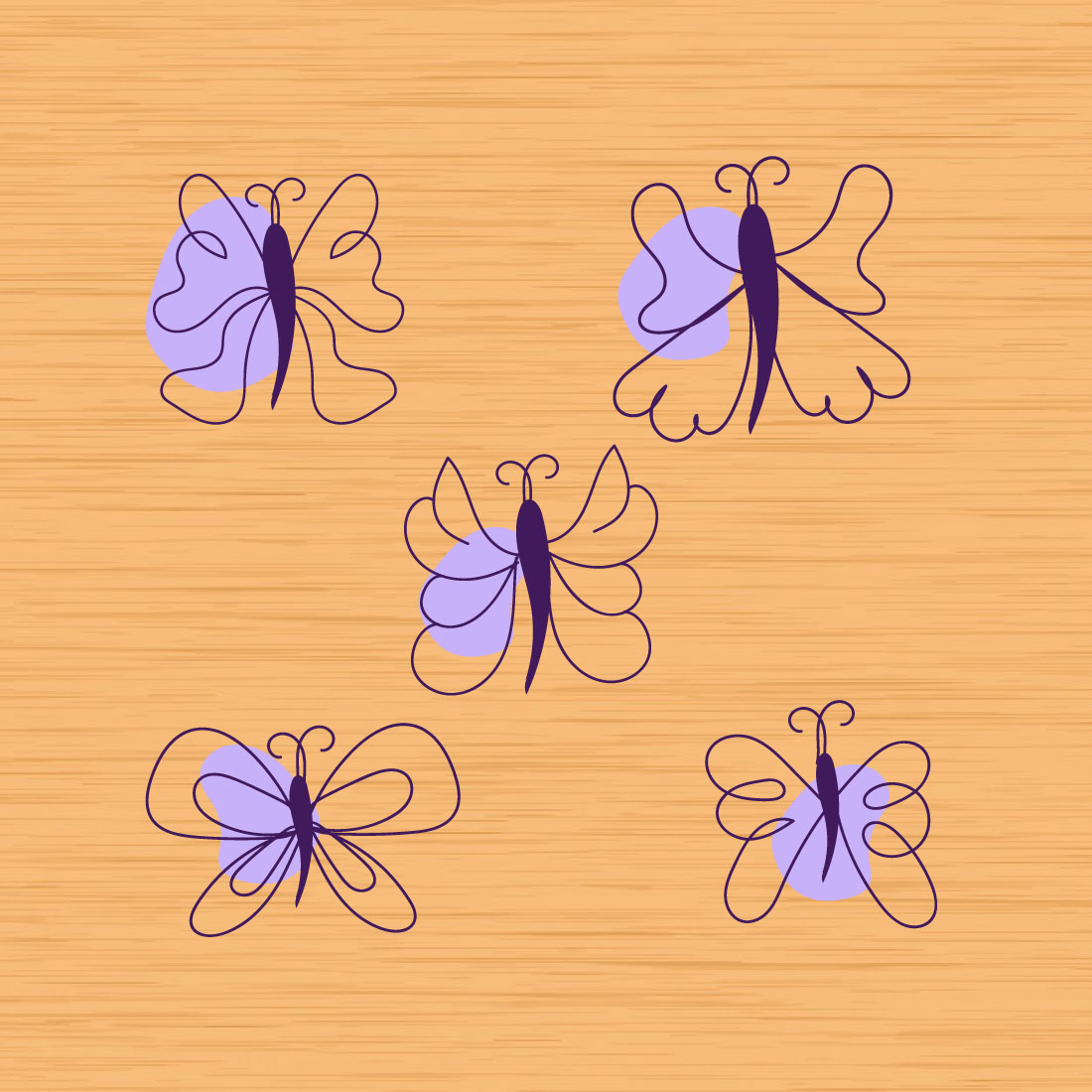 Wooden surface with four purple butterflies on it.