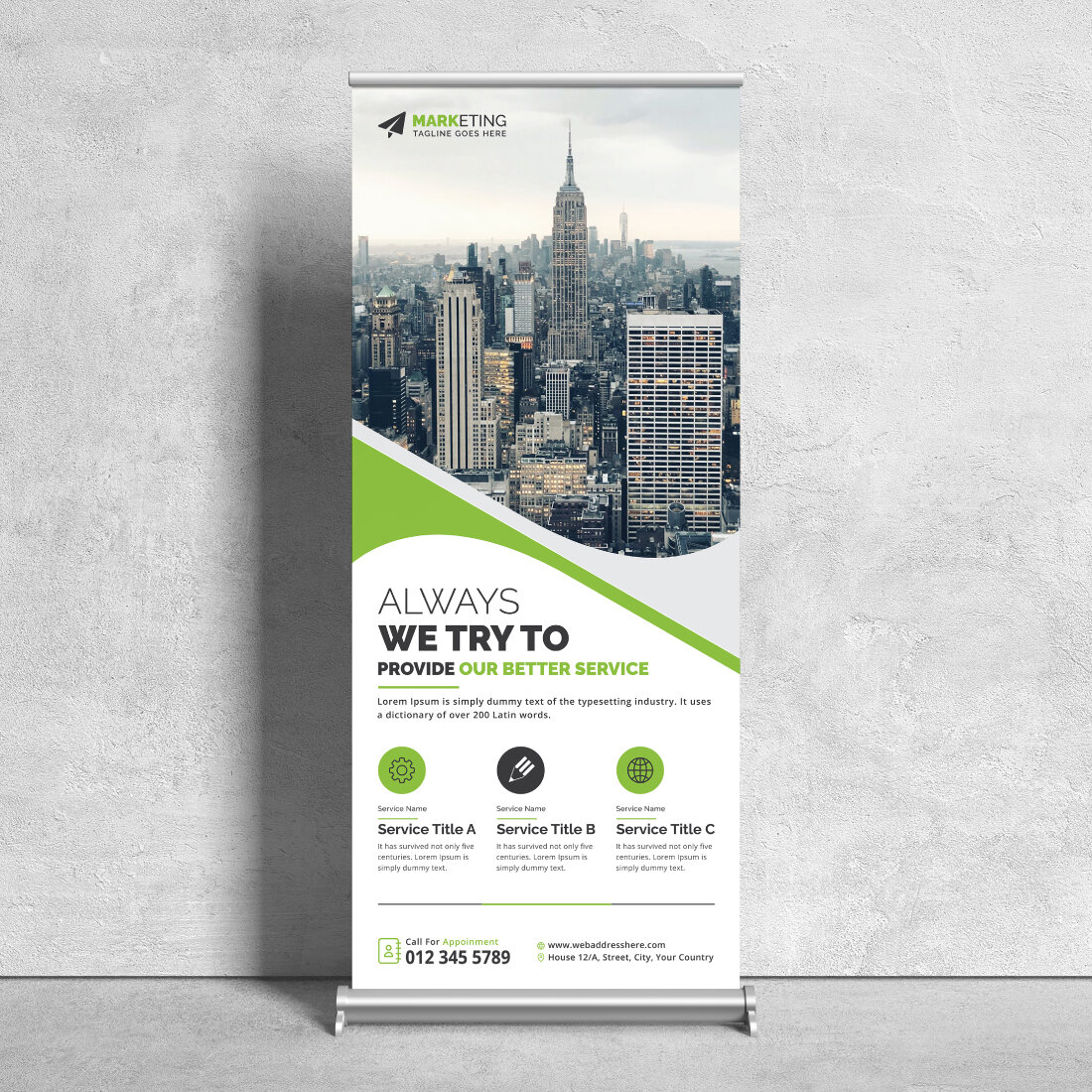 Image of a corporate roll up banner in a beautiful green design