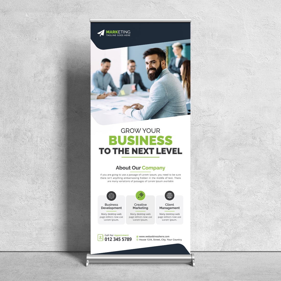 Image of a corporate roll up banner in a beautiful green design