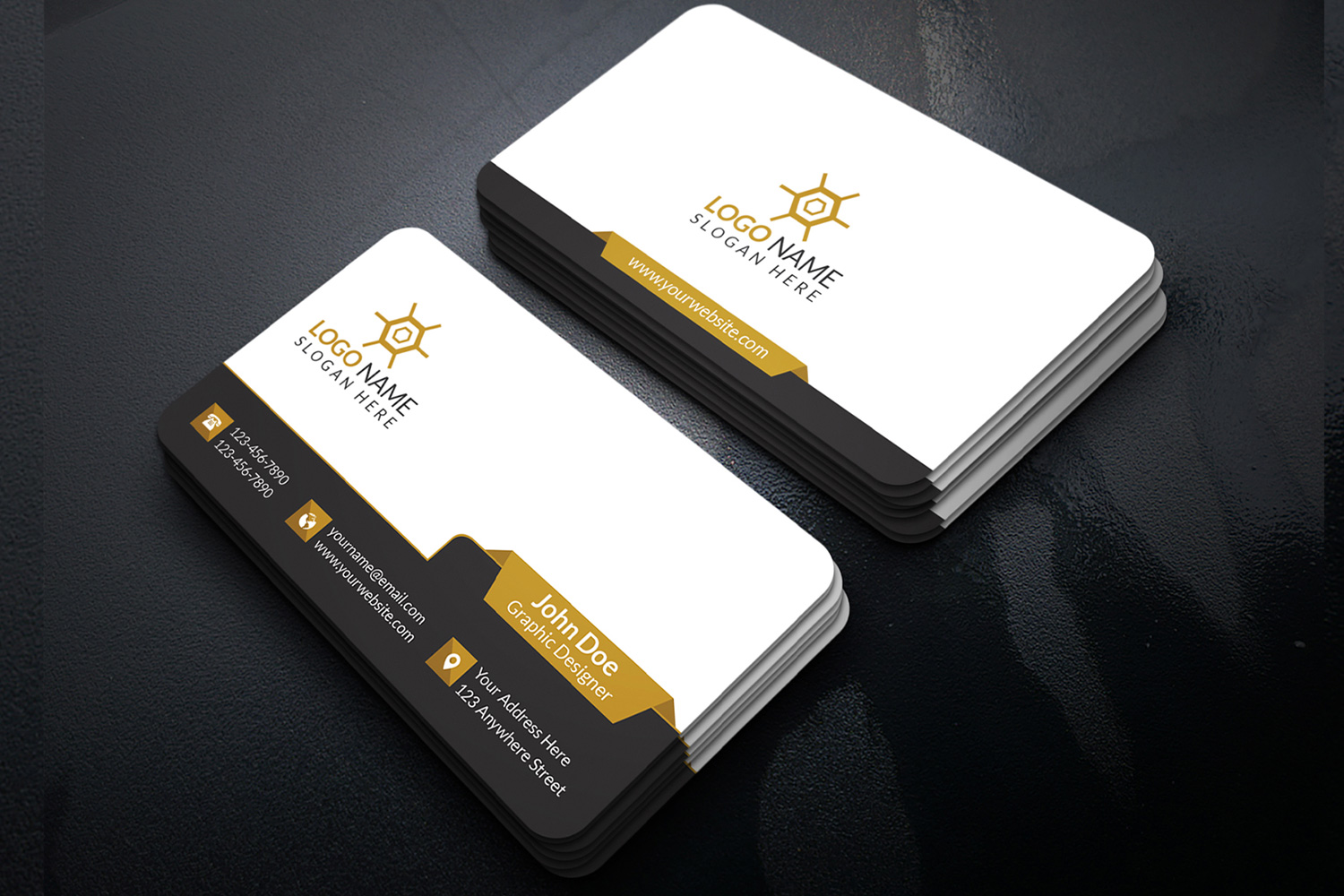 White business cards with yellow lines.