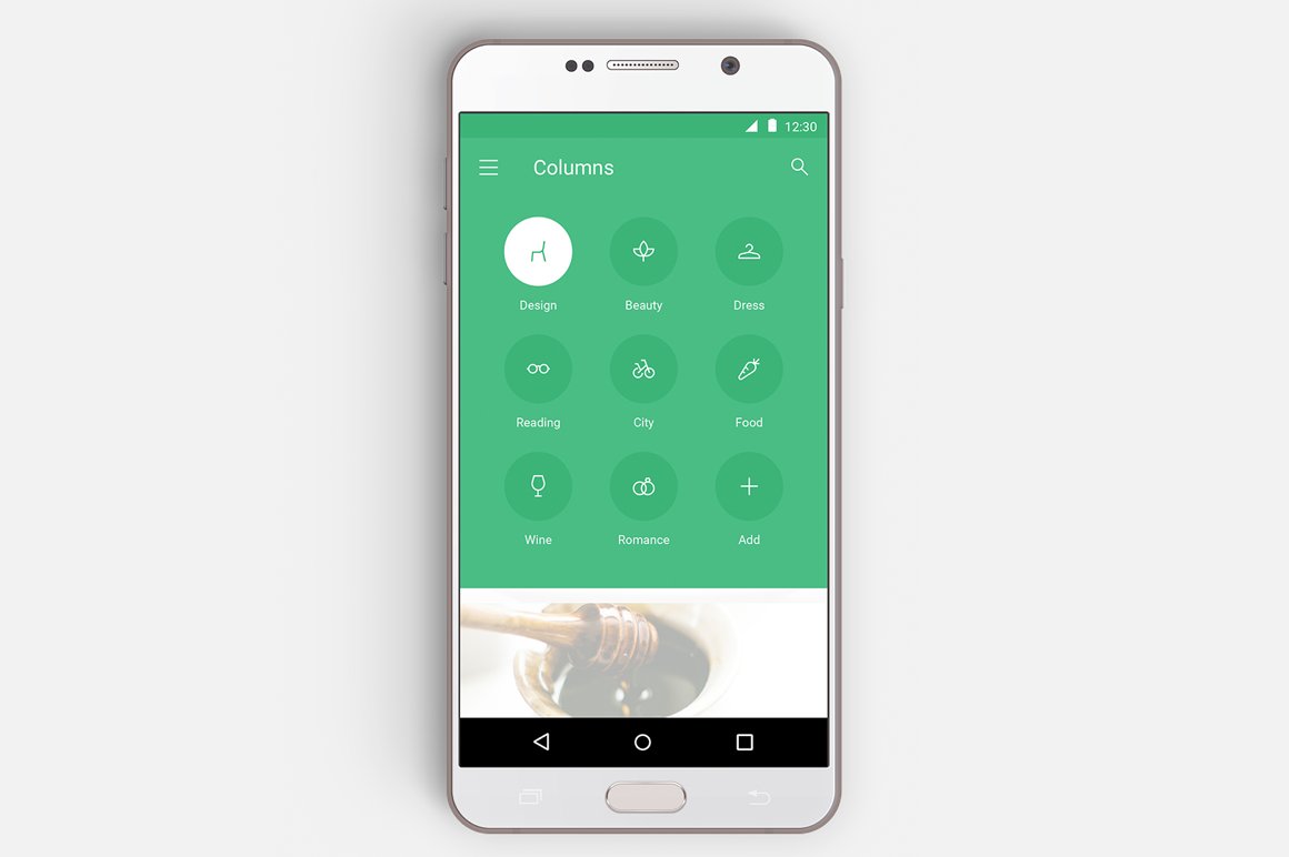 Phone mockup with green pack of white icons on a gray background.