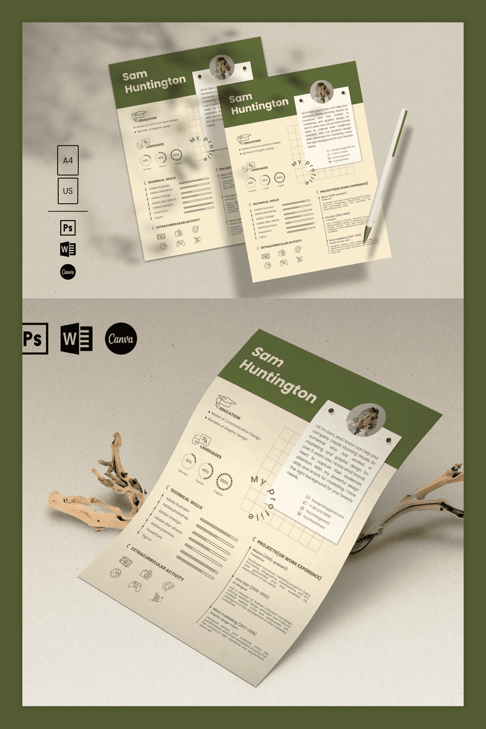 Collage of resume pages with green stripe on top and beige background with infographics.