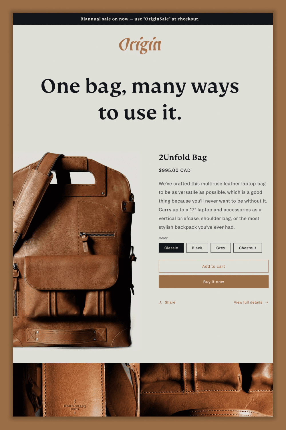 Screenshot of the main page of the online store with photos of leather briefcases.