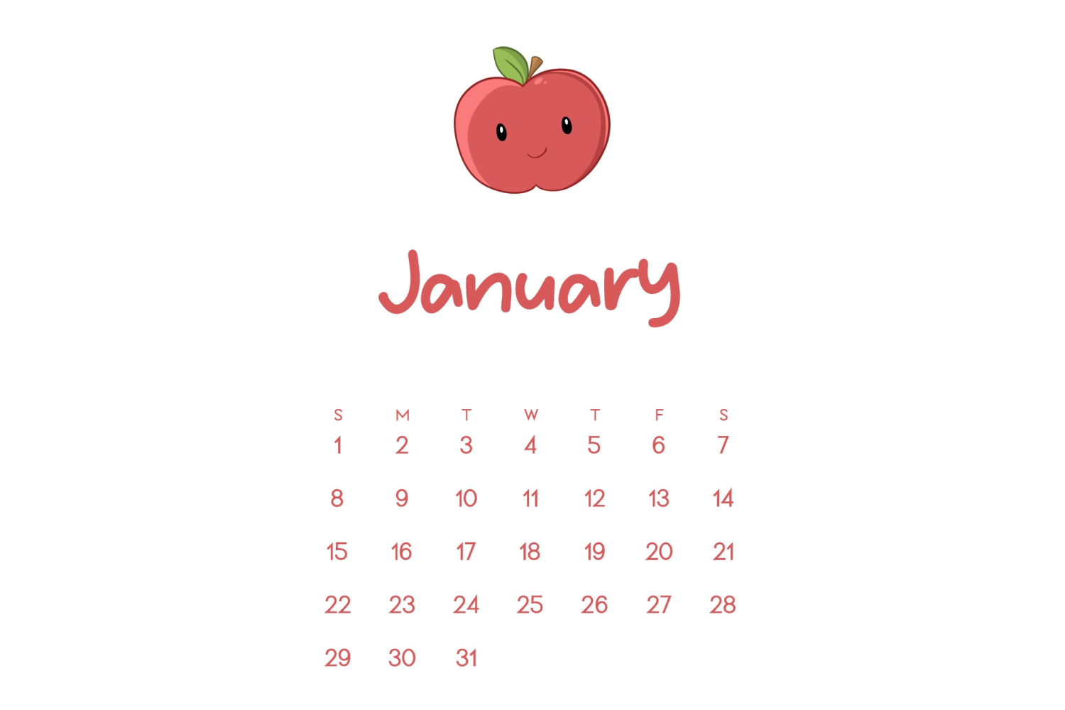 Calendar for january with drawn red apple and cute red color.