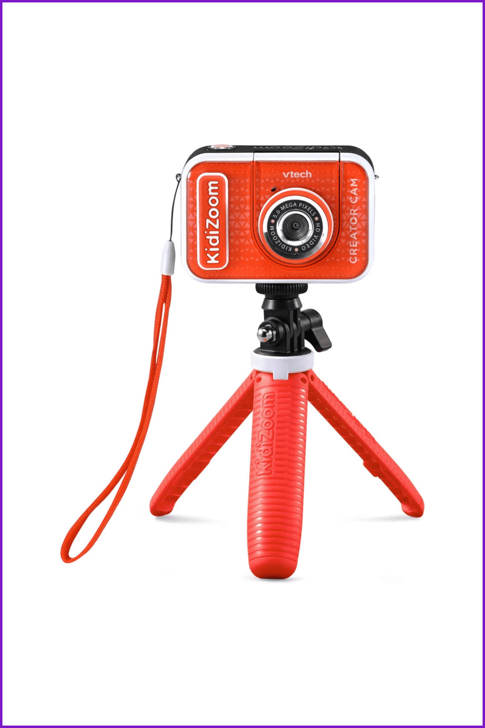 Photo of a red small camera on red tripod.