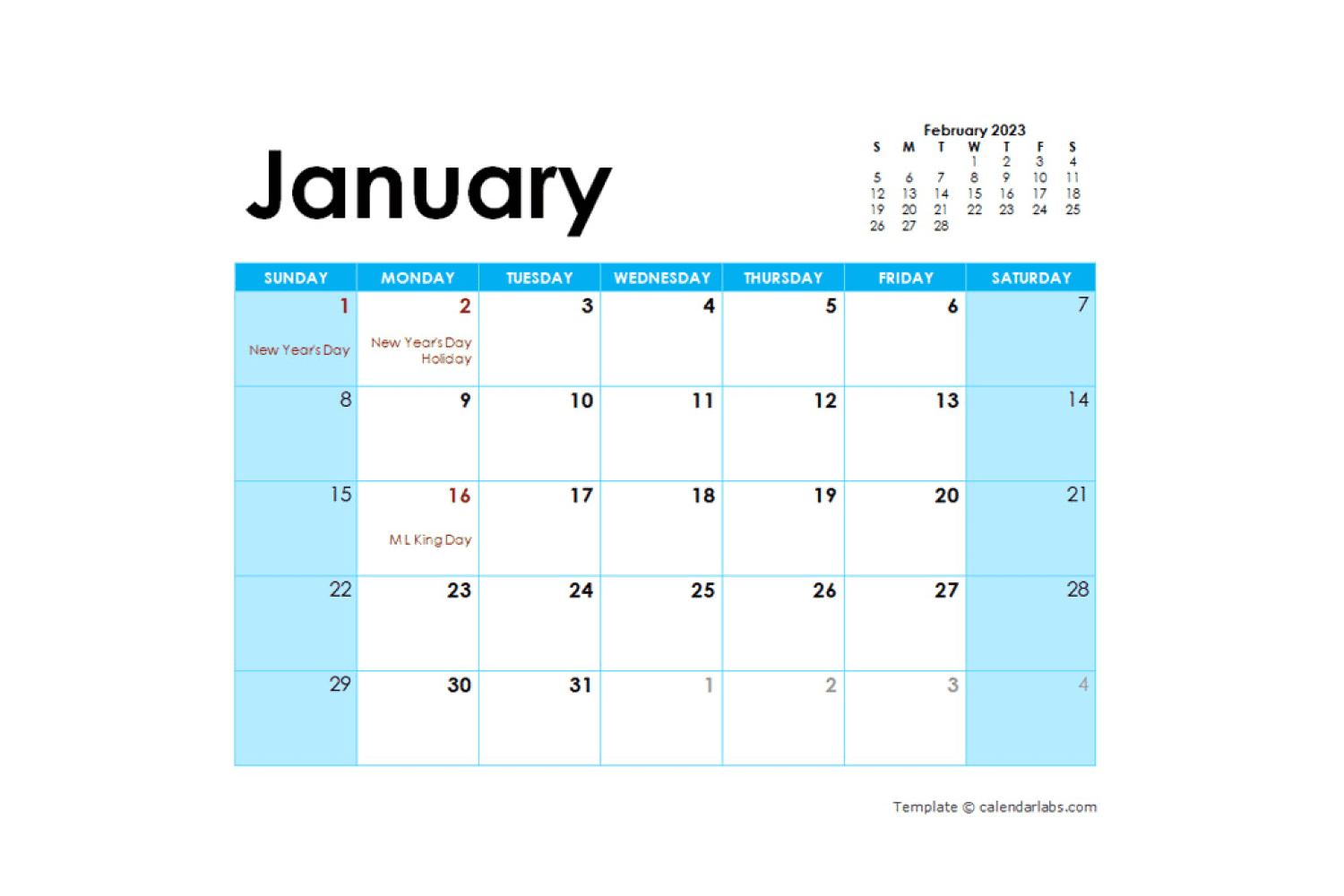 January calendar with blue color palette and plenty of space.