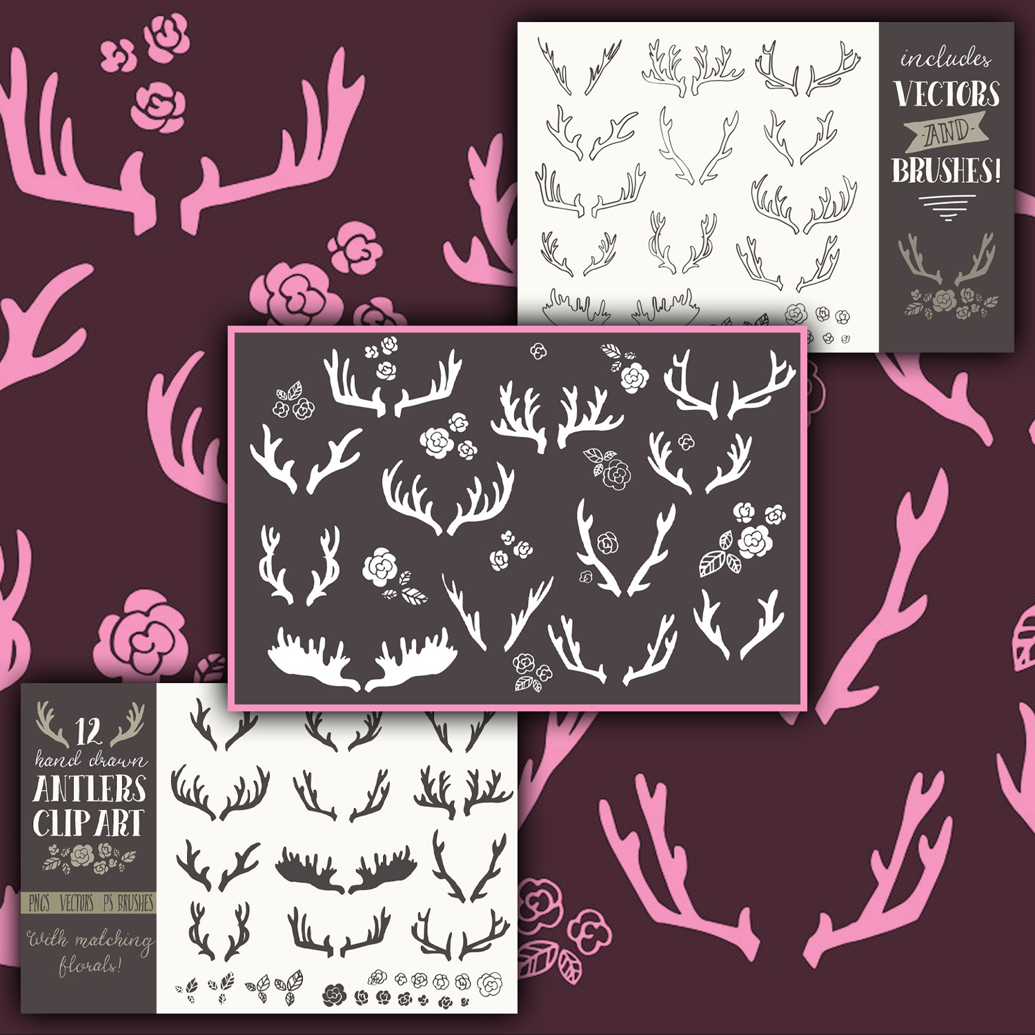 Deer Antlers Clipart + Vectors Set! cover.