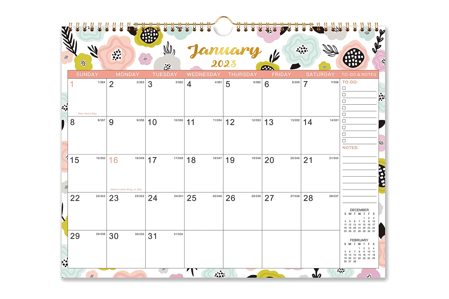 Calendar with illustration of a flowers and plenty of space to write.