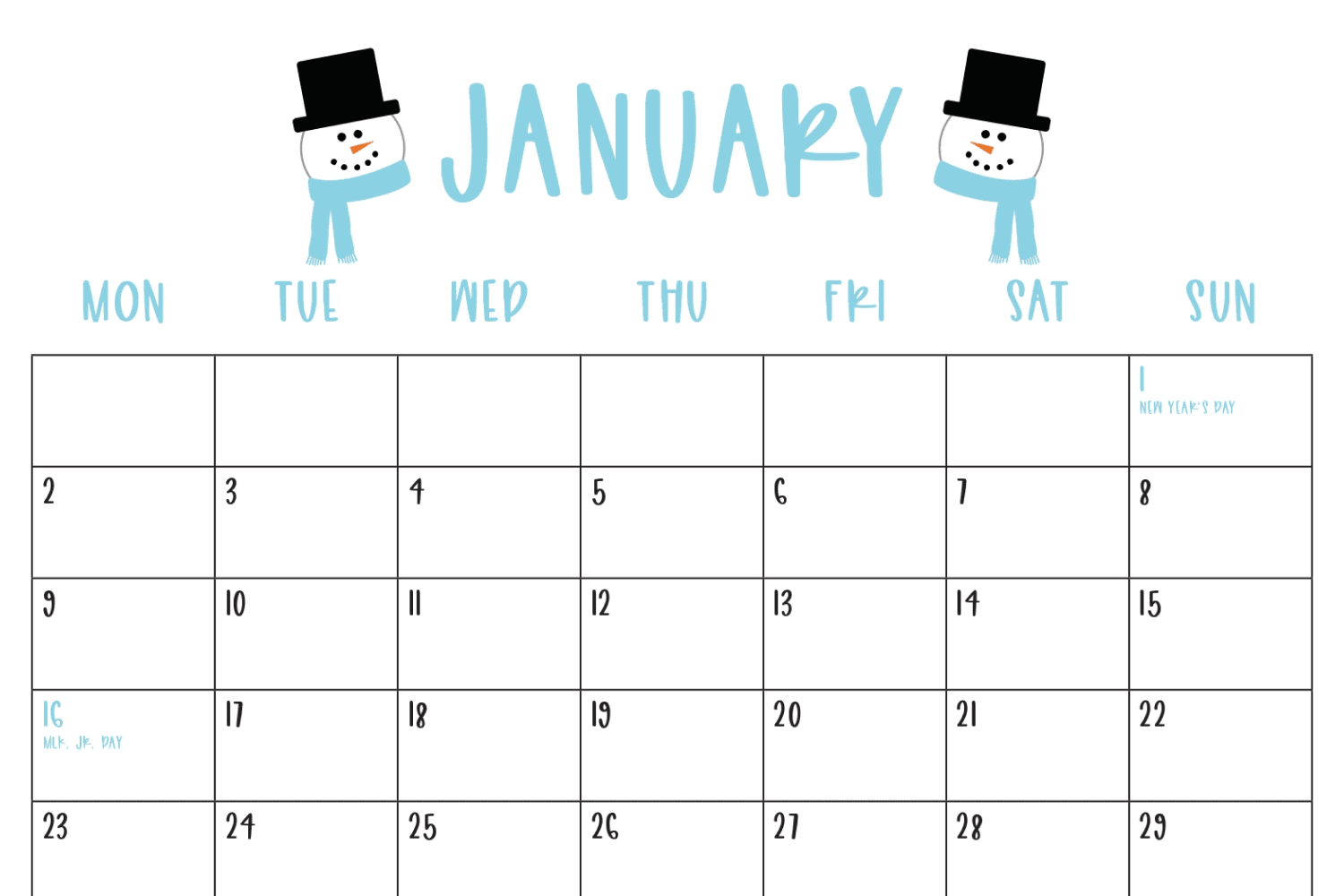 Calendar for January with a white background with two painted snowmen in top hats.