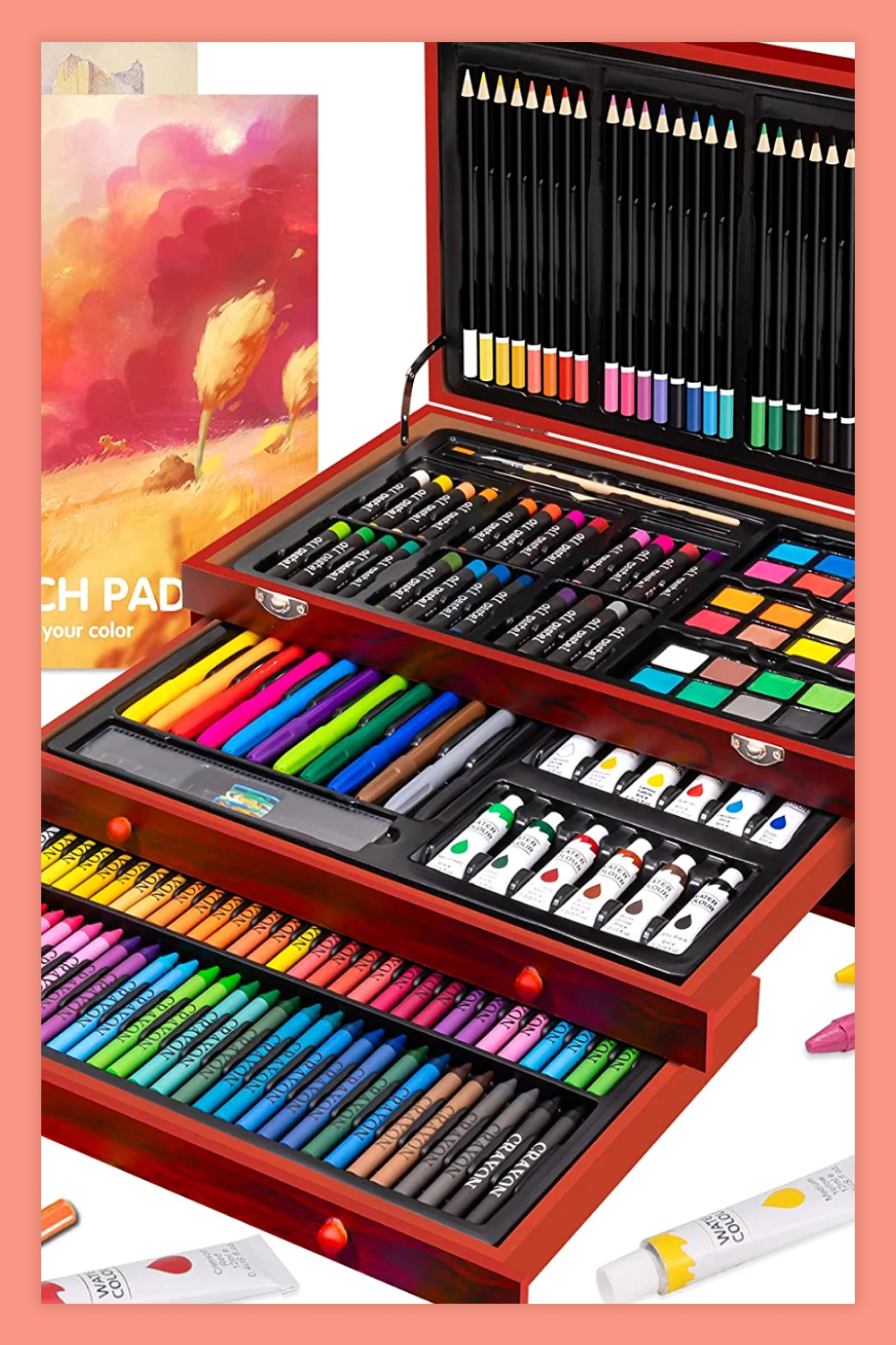 Art Supplies, 185-Piece Super Deluxe Wooden Art Set Crafts Drawing Kit with 2 Sketch Pads.