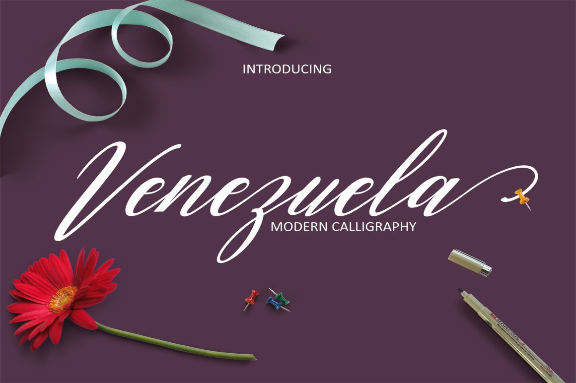 White calligraphy lettering "Venezuela" on a purple background.