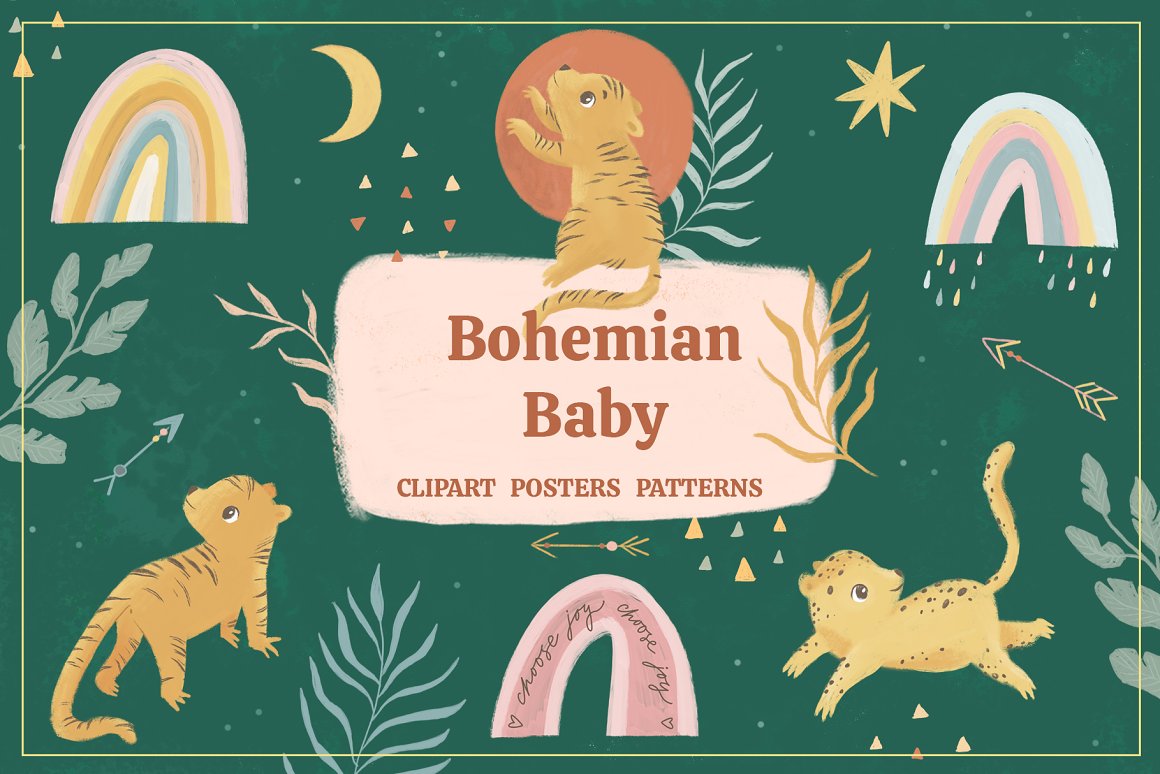 Dirty red lettering "Bohemian Baby Clipart Posters Patterns" on a pink frame and different illustrations on a dirty green background.