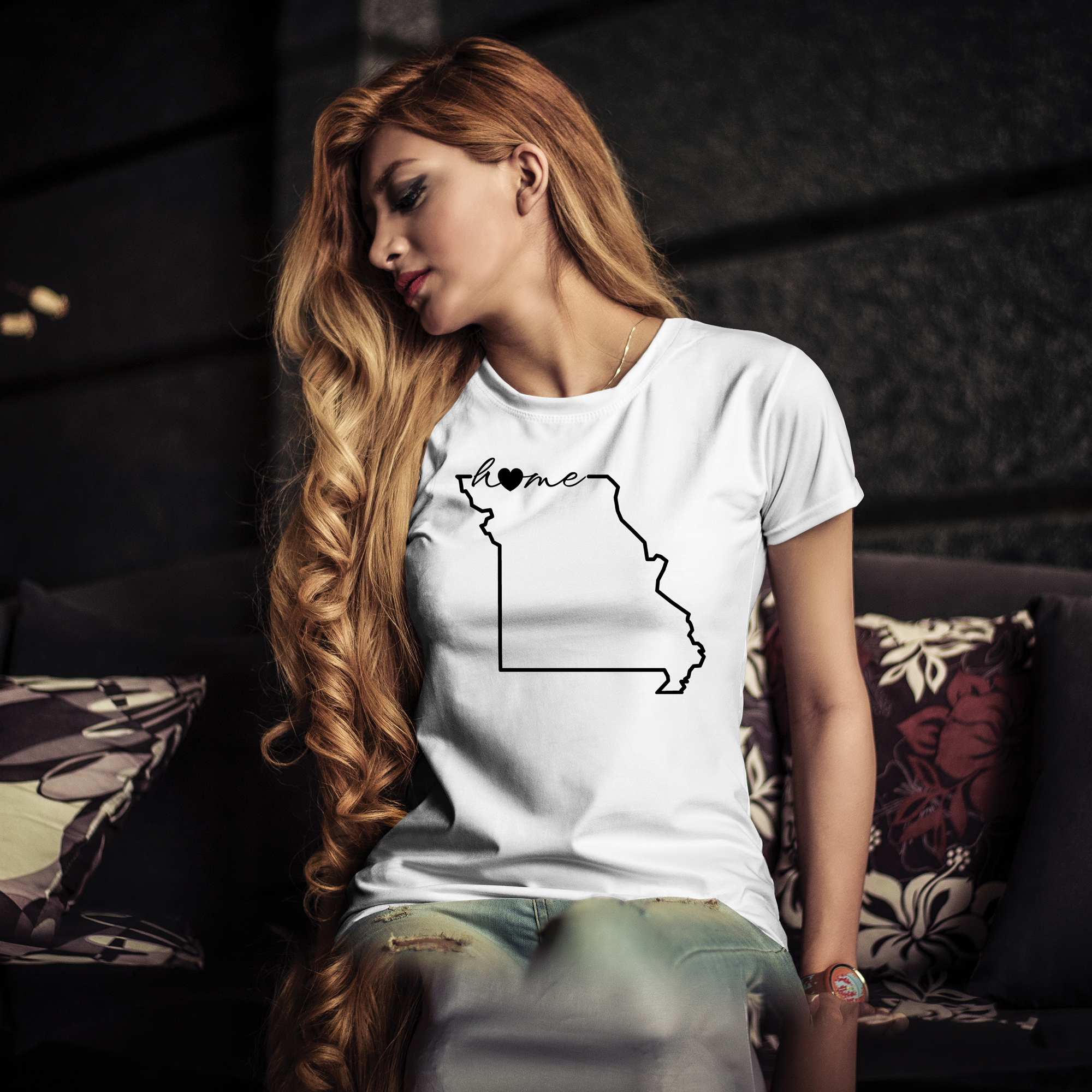 White t-shirt with black illustration of Missouri state.