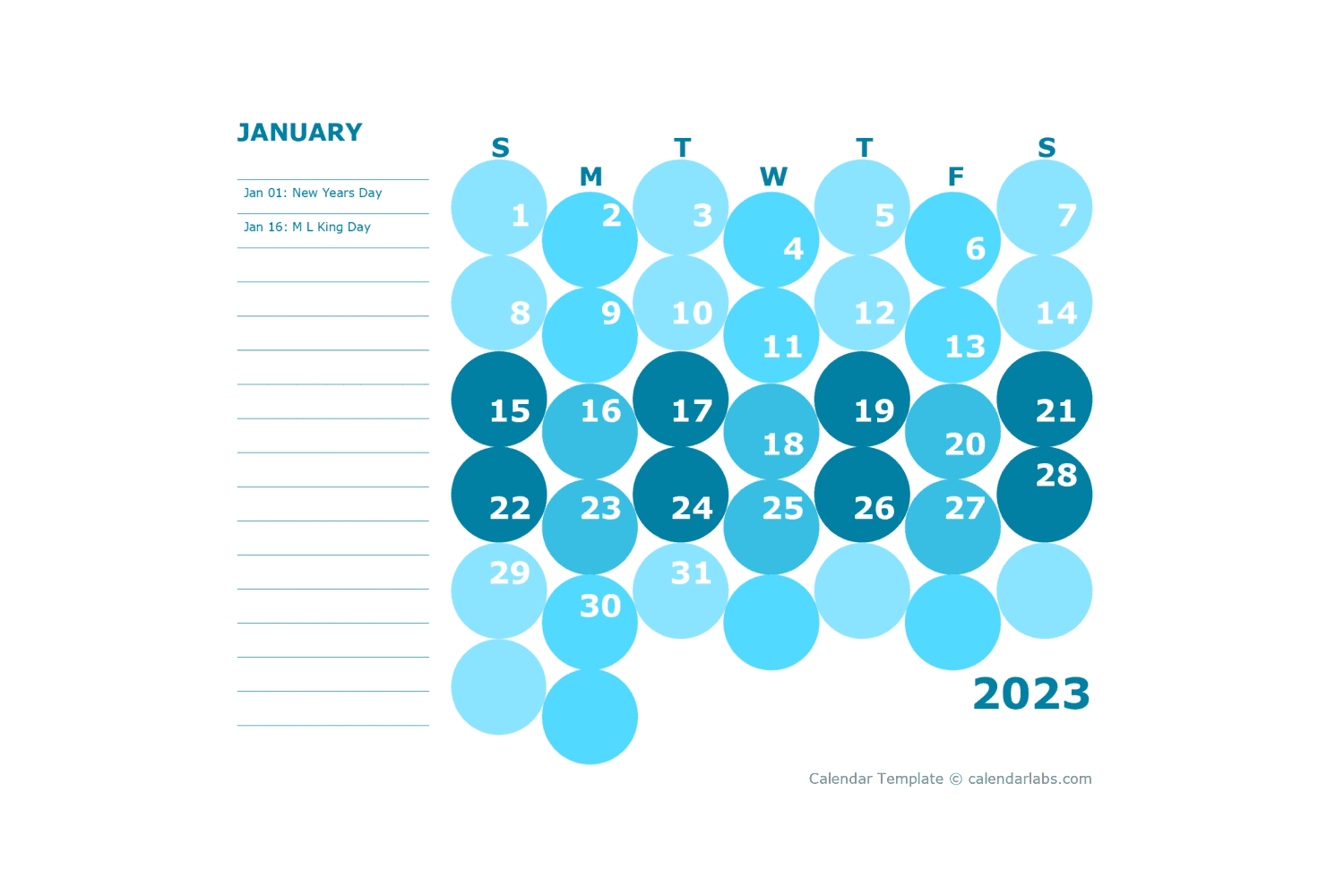 Calendar for january with dates in the form of blue balls and place for notes.