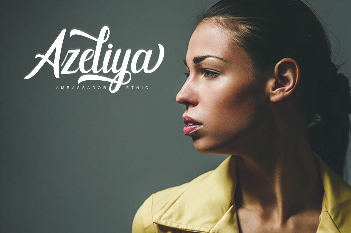 White lettering "Azeliya" on the image of a girl.
