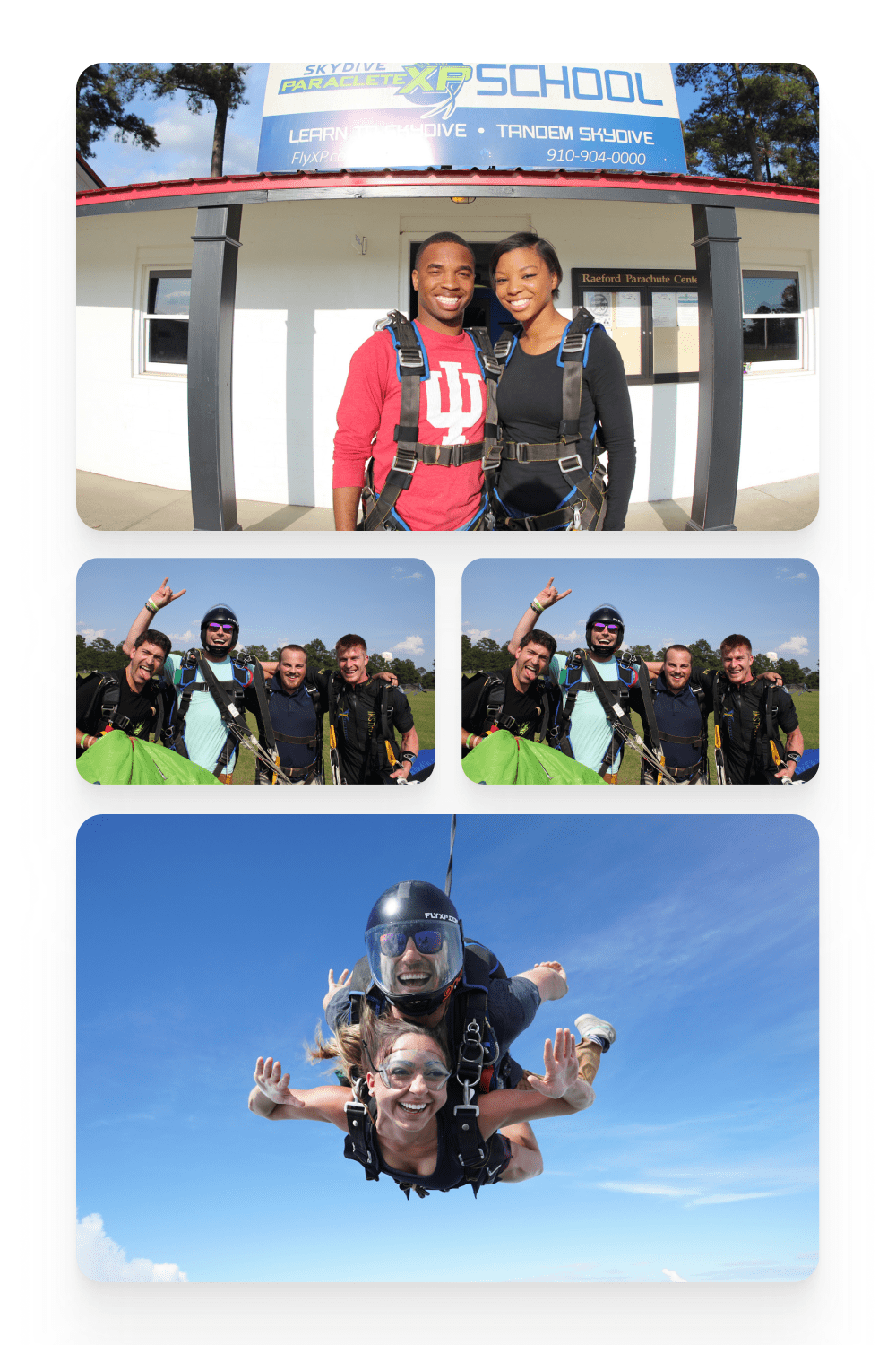 Collage with photos of skydivers.
