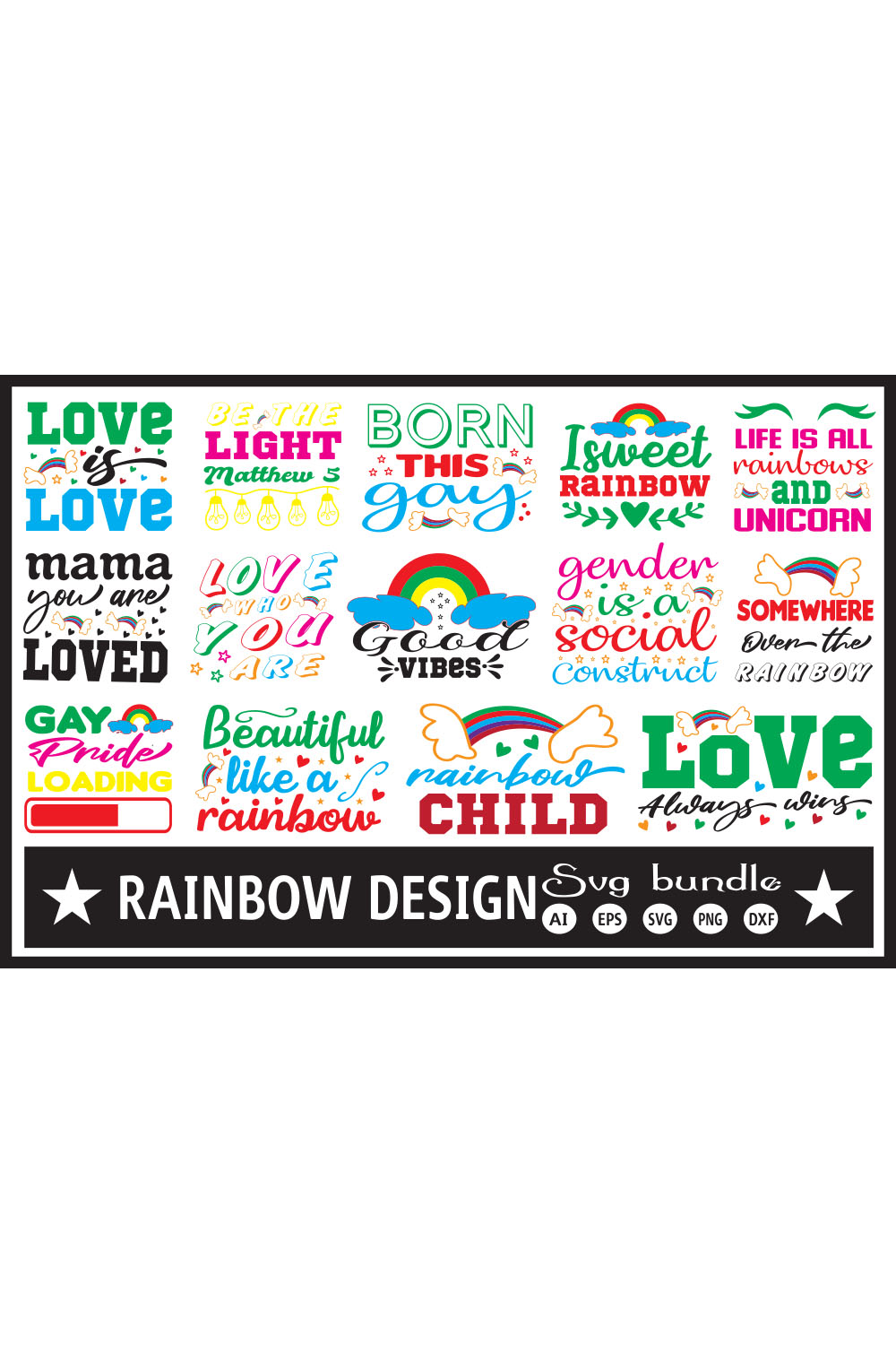 A collection of charming images for prints on the theme of the rainbow