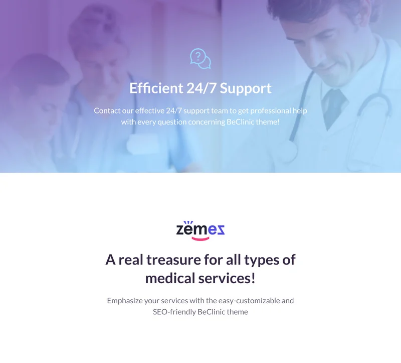 White lettering "Efficient 24/7 support" and logo "Zemez" on a white and gradient background.