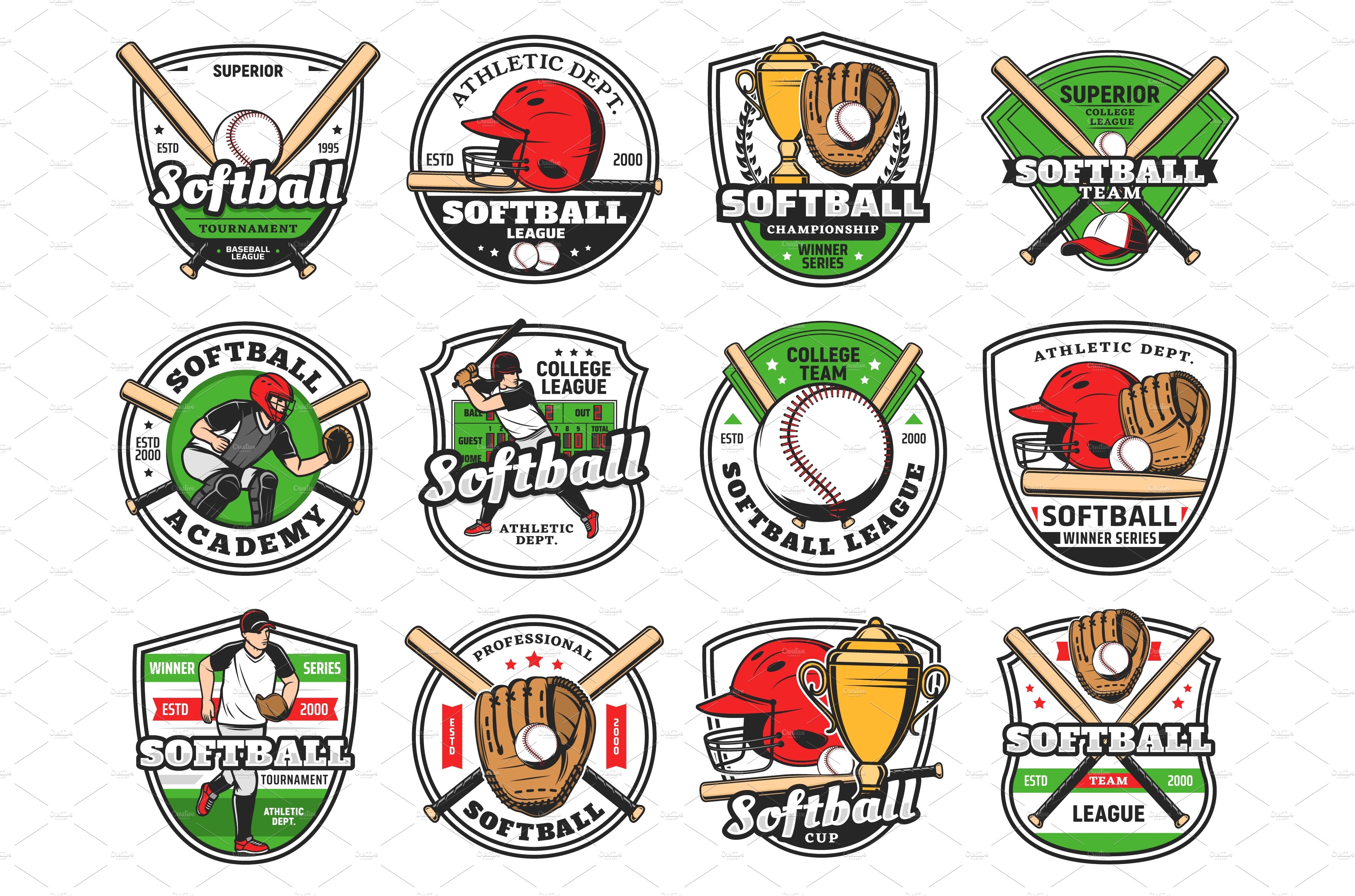 Vivid baseball badges in a vintage style.